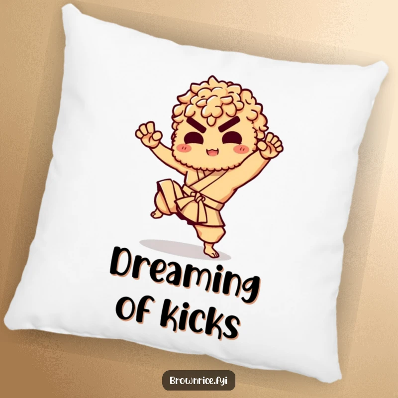 Funny pillow featuring a brown rice character performing a martial arts kick, perfect for adding humor to a couch or bed.