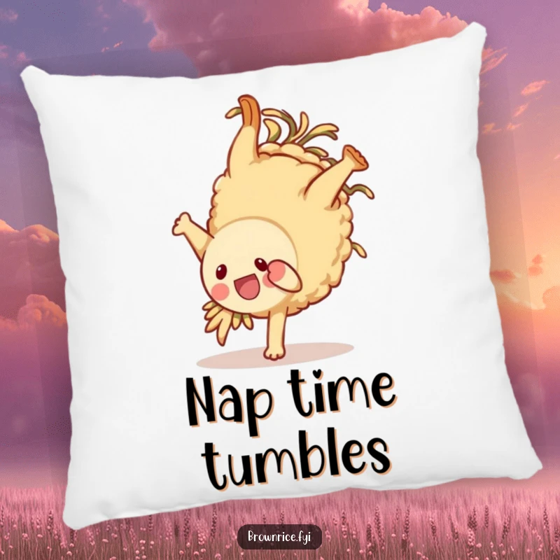 Funny brown rice character pillow, cheerfully executing a playful somersault, adding a cozy and humorous touch to any room.