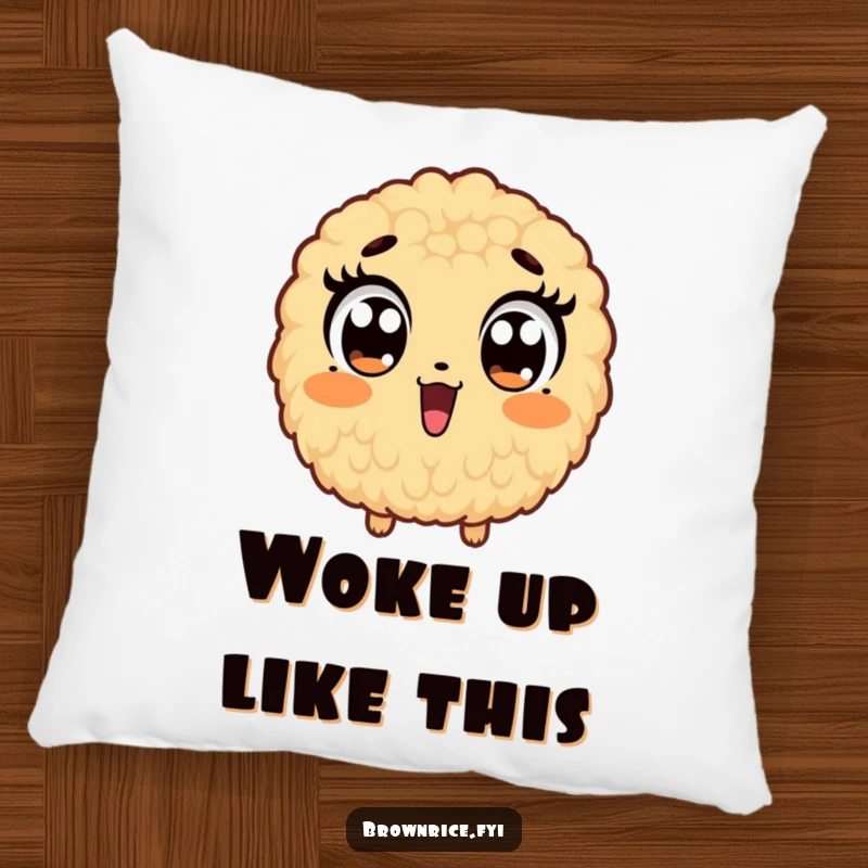 Funny pillow featuring a brown rice grain character with comically widened eyes, adding a touch of humorous surprise.
