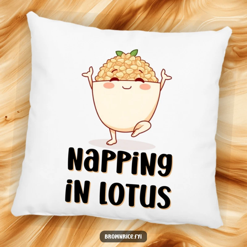 Funny pillow featuring a smiling brown rice bowl character in a peaceful yoga pose, perfect for adding comfort and humor.