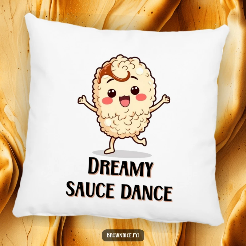 Funny brown rice character doing a silly dance with soy sauce, depicted as a soft and humorous decorative pillow.