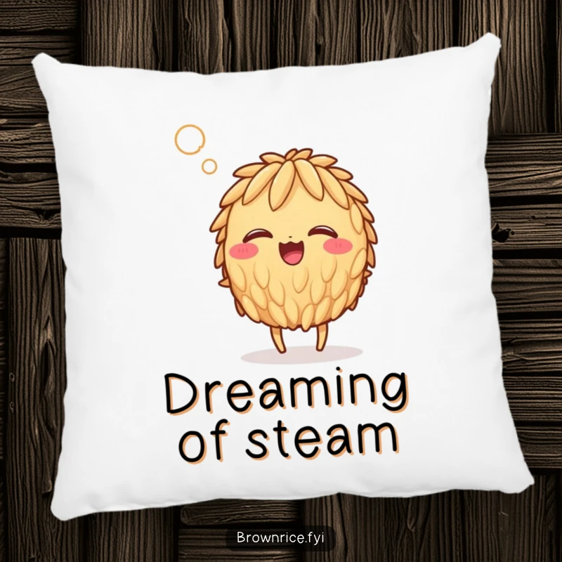 Funny giggling brown rice grain character humorously captured in a steamy gust, inviting cozy fun on a plush pillow.