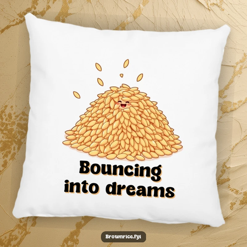 Funny pile of brown rice grains giggling and bouncing, printed on a soft and decorative pillow.