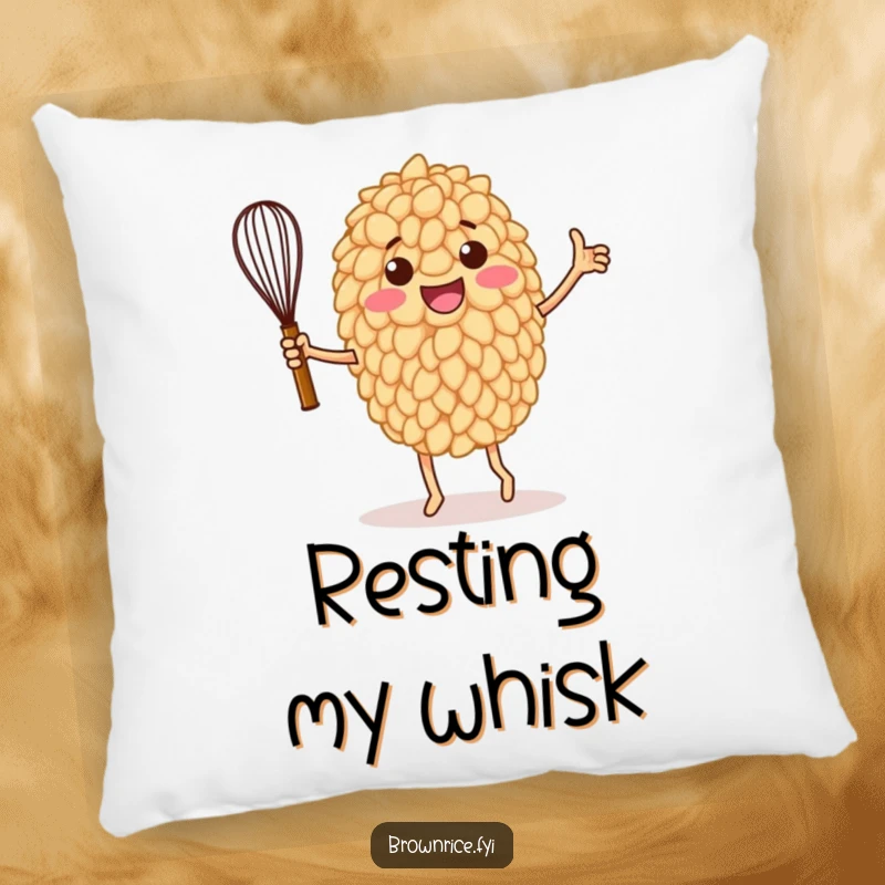 Funny pillow featuring a brown rice grain character in a celebratory victory dance pose, holding a whisk with pure glee.