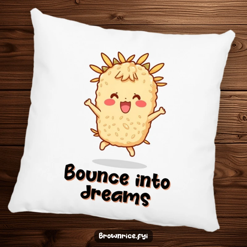 Funny pillow featuring a happy brown rice character bouncing, offering comfort and a cheerful touch.