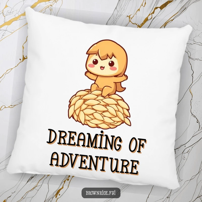 Funny pillow featuring a brown rice character happily riding a huge grain of rice, perfect funny gift.