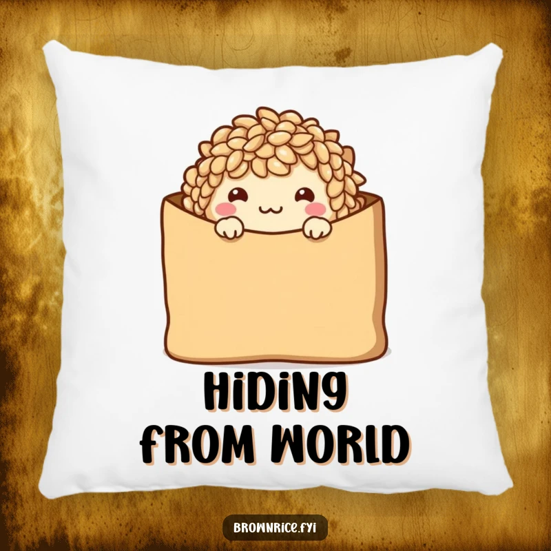 Funny Pillow with a shy brown rice character peeking from a brown paper bag with a warm smile.