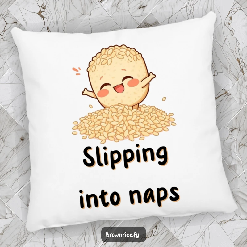 Funny pillow featuring a brown rice character comically slipping on spilled rice, perfect funny gift.