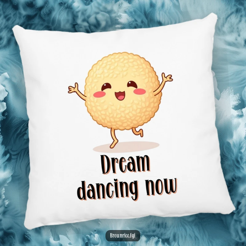 Funny brown rice ball doing a silly dance with wobbly legs, a soft and cuddly pillow with a cute cartoon design.