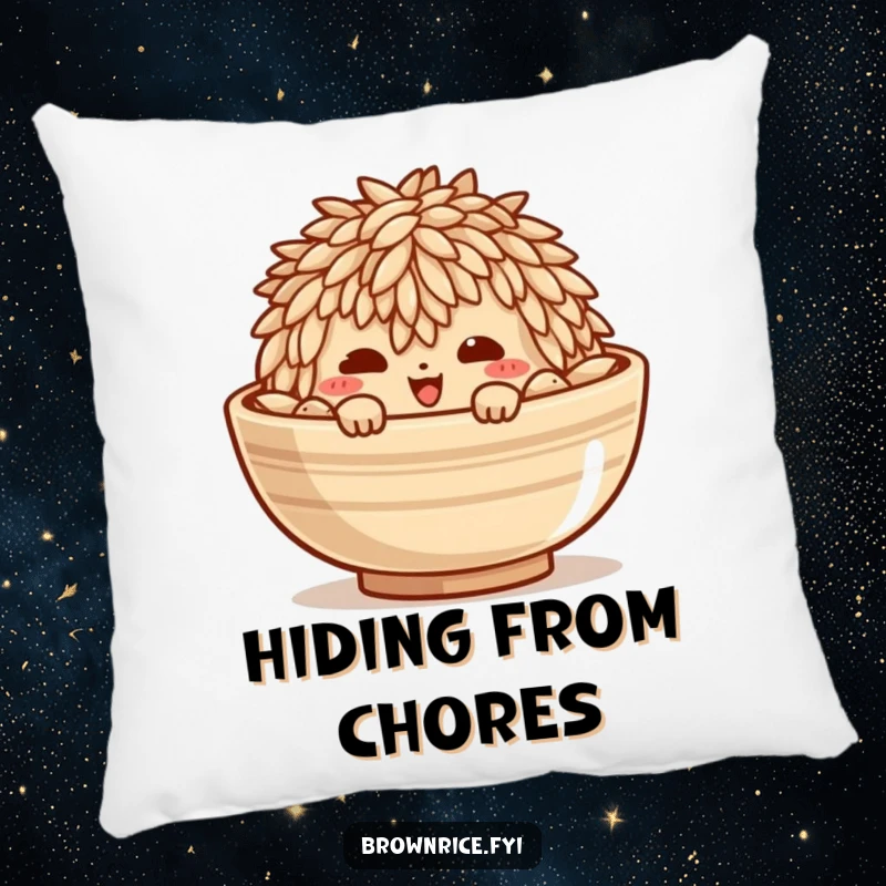 Funny pillow featuring a mischievous brown rice grain character peeking from a bowl, adding comfort and playful charm.
