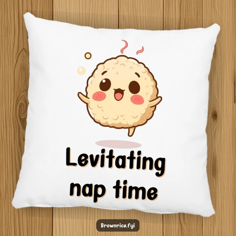 Funny pillow displaying a brown rice grain character with a surprised expression, levitating with steam, offering comfort and comedy.