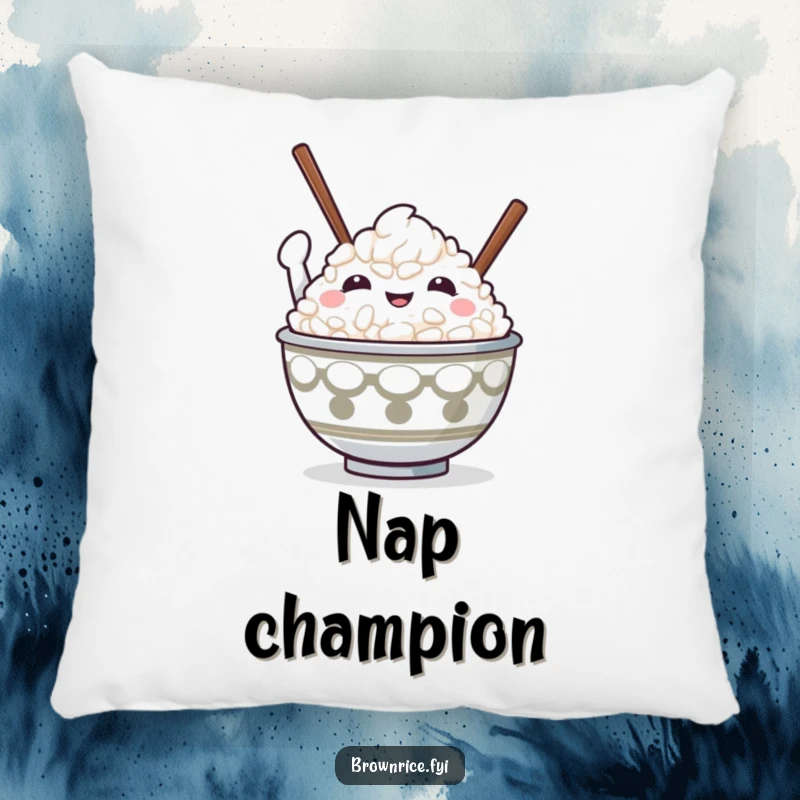 Cute and funny rice bowl character in a victorious pose with chopsticks raised, on a soft, humorous pillow.