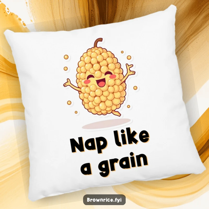 Funny decorative pillow featuring a quinoa grain character spinning joyfully, perfect for adding a healthy and humorous touch to any room.