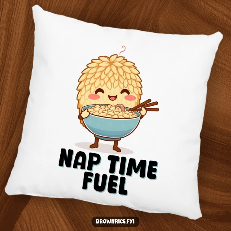 Funny pillow featuring a brown rice grain character gently presenting a steaming bowl, evoking feelings of comfort and tender affection.