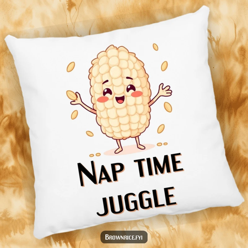 Funny smiling grain of rice character juggling multiple smaller grains, featured on a soft, humorous pillow.