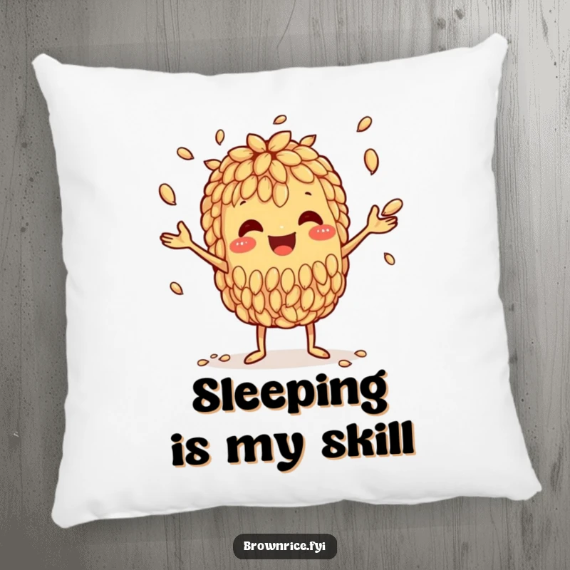 Funny pillow featuring a happy brown rice grain character expertly juggling smaller grains, adding comfort and character.