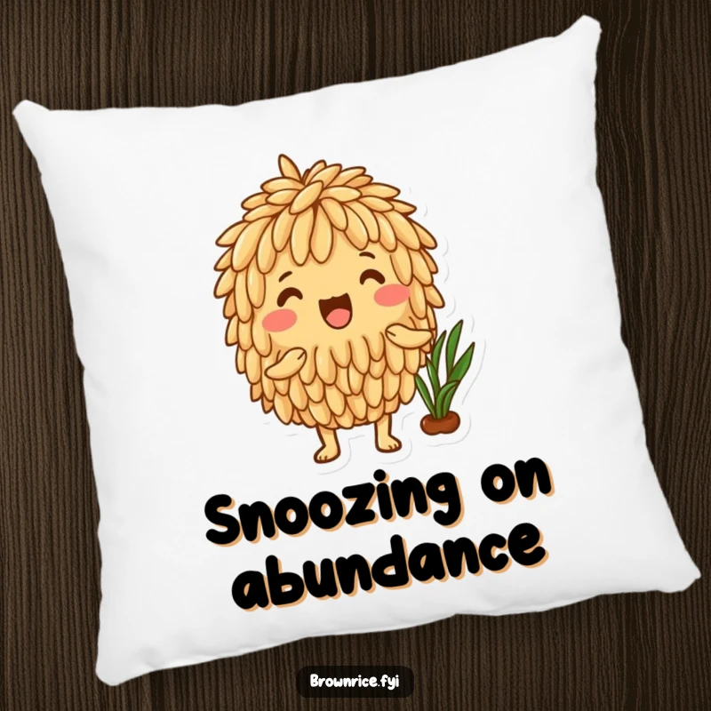 Funny Brown Rice Pillow showcasing an excited brown rice character holding fresh produce, perfect for adding cozy garden charm.