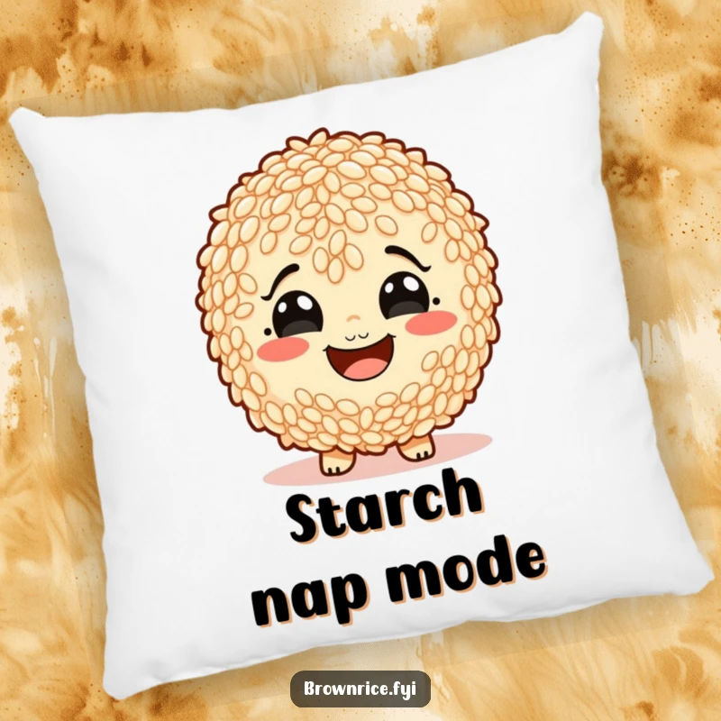 Funny brown rice character with a wide, starchy smile, depicted as a soft and humorous decorative pillow.