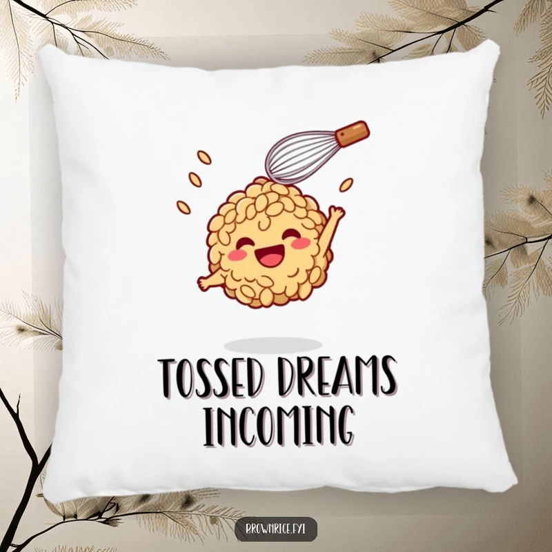 Funny Pillow: A cute brown rice character enjoying a flight, playfully tossed by a happy whisk, bringing smiles.