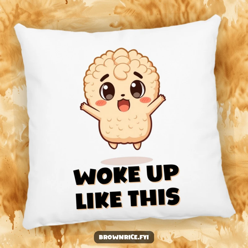 Funny pillow accentuating a brown rice character in a surprised jump pose, eyes wide with comical shock, ideal funny gift.