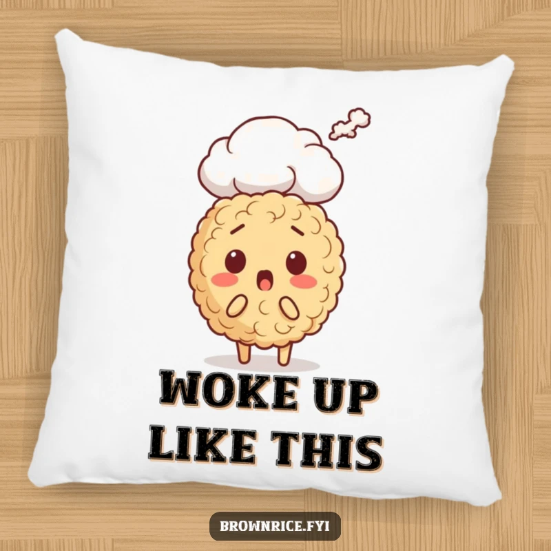 Funny brown rice character pillow, looking astonished with a steam cloud rising, providing cozy comfort and a humorous touch.