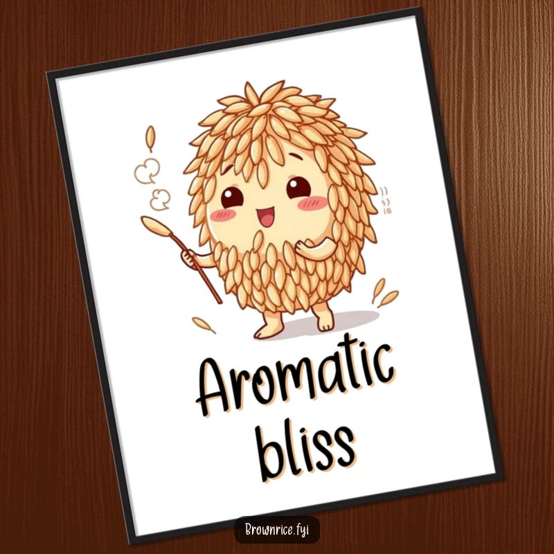 Funny digital art print of a brown rice grain character generating a swirling, delicious aroma cloud, symbolizing culinary pleasure.