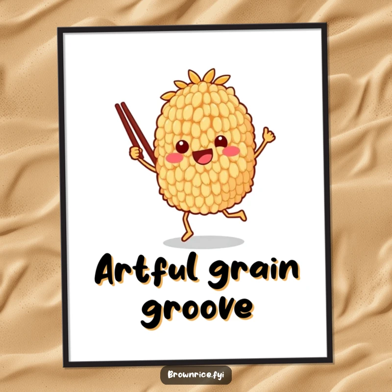 Funny digital art print of a brown rice grain character joyfully dancing with chopsticks, perfect for instant, humorous wall decor.