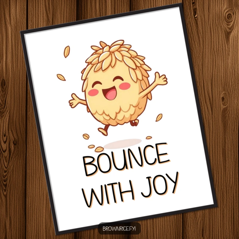 Anthropomorphic brown rice character joyfully bouncing a grain, available as a downloadable digital art print.