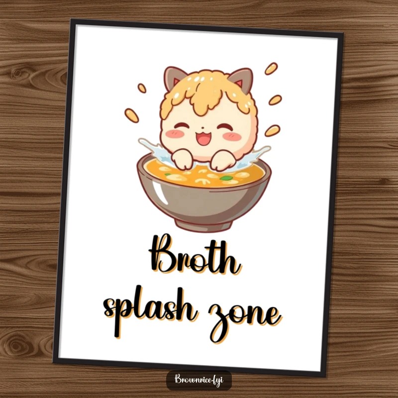 Funny brown rice character gleefully splashing in a bowl of broth, as a vibrant digital art print.