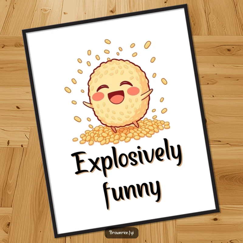 Funny Digital Art Print of a laughing brown rice character tripping, scattering its grains in a playful explosion.
