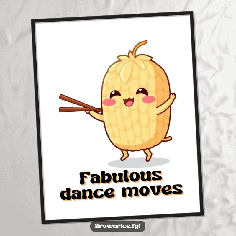 Funny digital art print of a cheerful brown rice grain character dancing with chopsticks, conveying joyful rhythm.