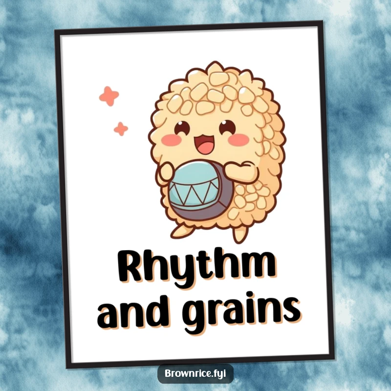 Funny digital art print of a clump of brown rice characters enthusiastically playing tiny drums, ready to be printed for vibrant decor.