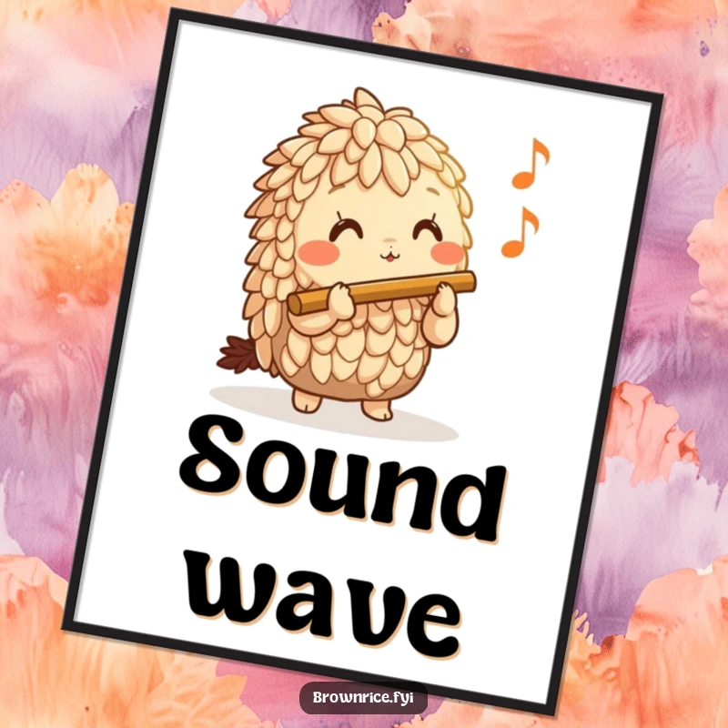 Funny Brown Rice Digital Art Print of a happy brown rice character playing a miniature flute, creating a lively and musical atmosphere.