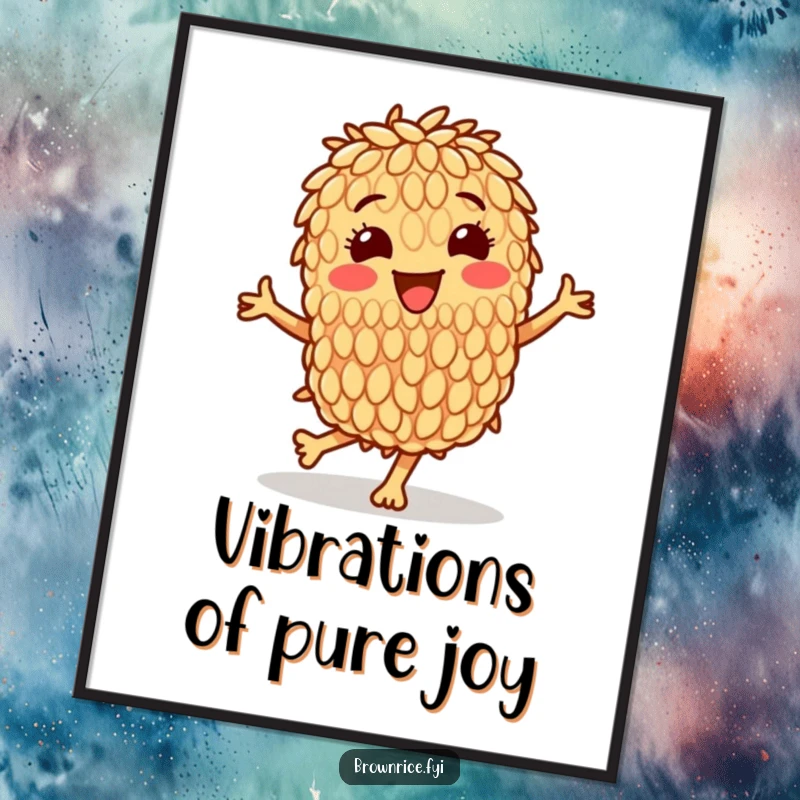 Funny digital art print of a cheerful brown rice grain character doing a happy dance, perfect for instant download and wall decor.