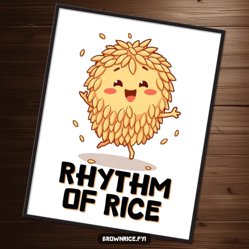 Funny Digital Art Print of a happy brown rice cluster character doing a joyful jig, its grains bouncing rhythmically.