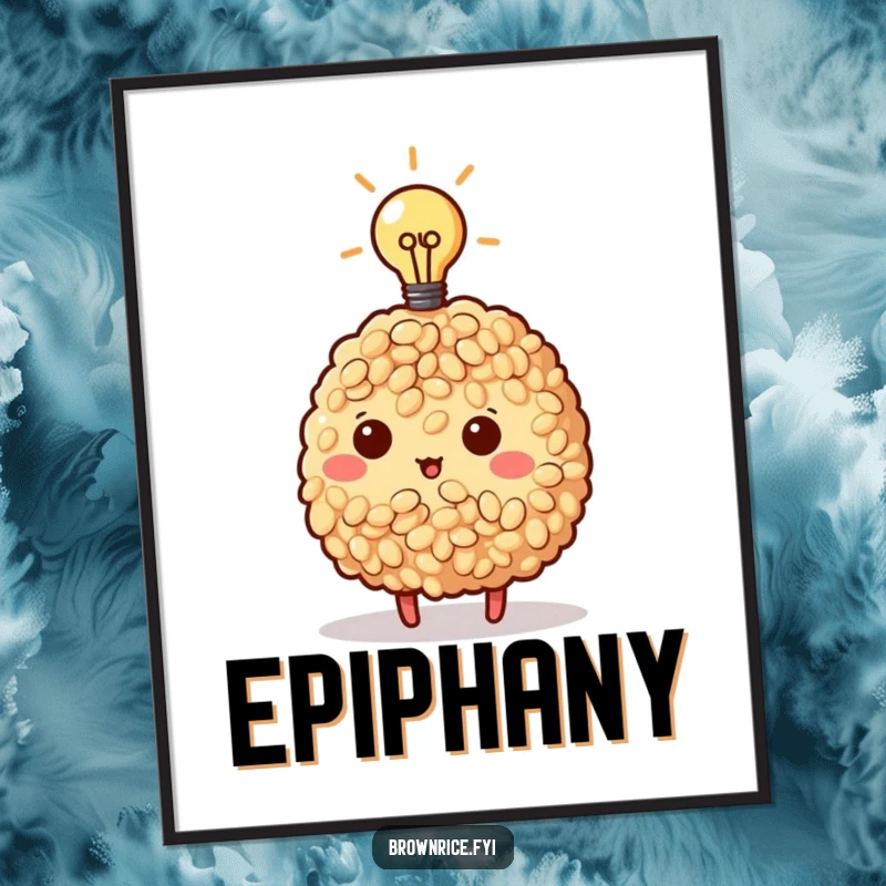 Funny Brown Rice Digital Art Print of a brown rice character with a glowing lightbulb, symbolizing a moment of brilliant inspiration.