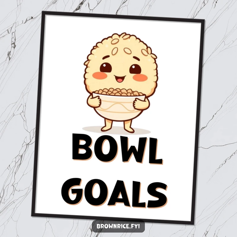 Funny Brown Rice Digital Art Print of a proud brown rice character holding an empty bowl, celebrating culinary success and satisfaction.