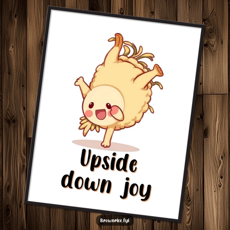 Funny brown rice character digital art print, captured mid-somersault with immense joy, perfect for humorous digital or physical display.