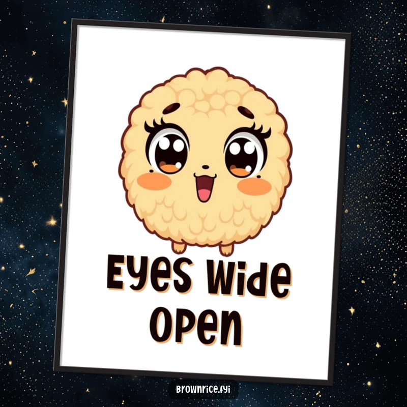 Funny digital art print of a brown rice grain character with comically widened eyes, conveying humorous surprise.