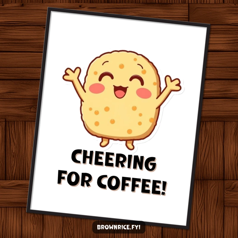 Funny brown rice patty with little arms cheering enthusiastically, as a downloadable digital art print.
