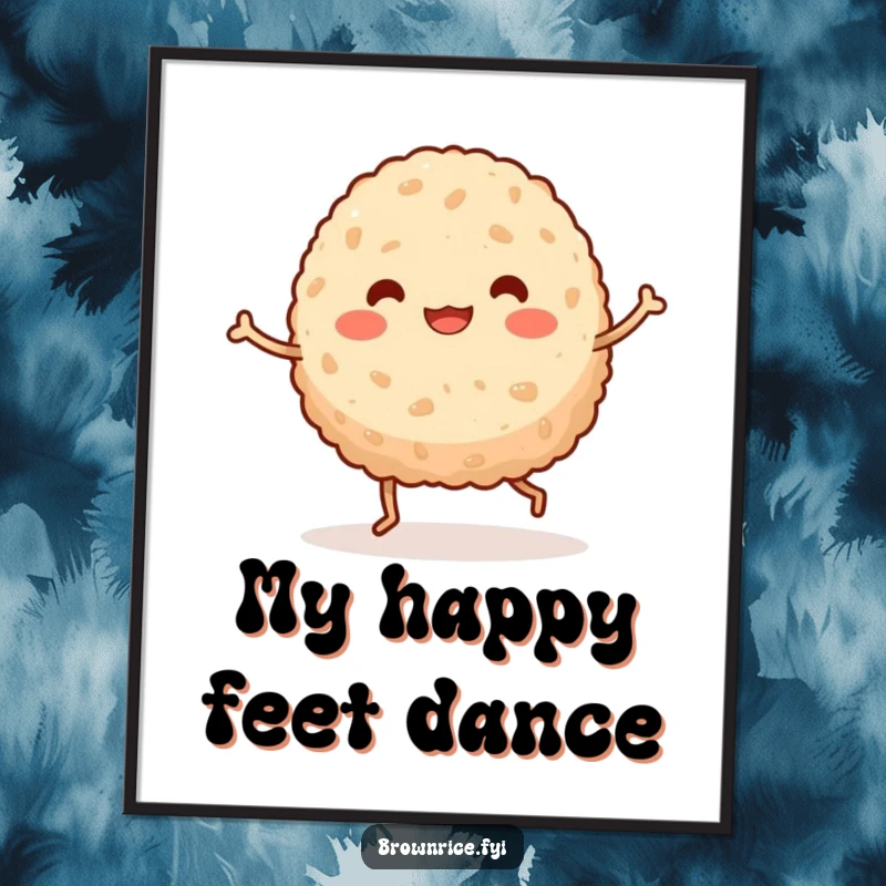 Funny kawaii brown rice ball with energetic legs performing a silly dance, as a downloadable digital art print.