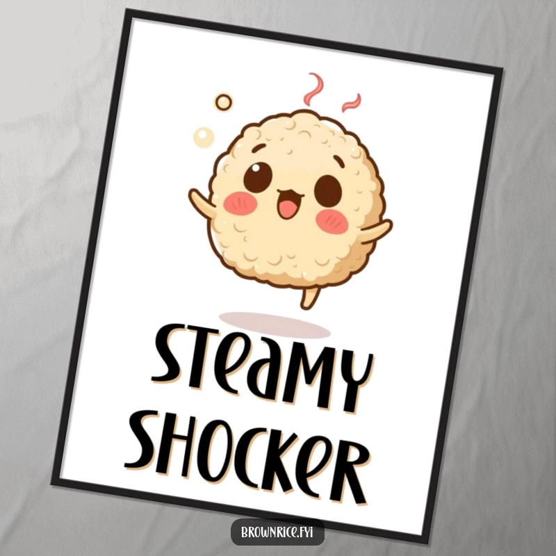 Funny digital art print of a brown rice grain character with a surprised expression, levitating with steam, perfect for humorous decor.