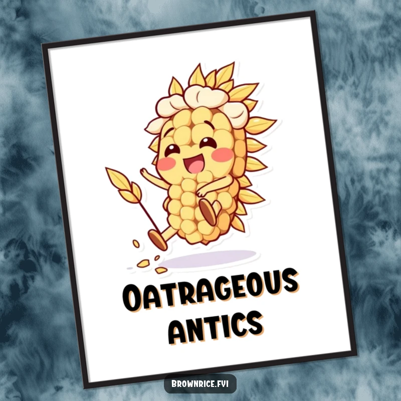 Funny Oat Grain Digital Art Print: a happy oat grain character performing a silly stunt, perfect for printable decor. A fantastic funny gift.