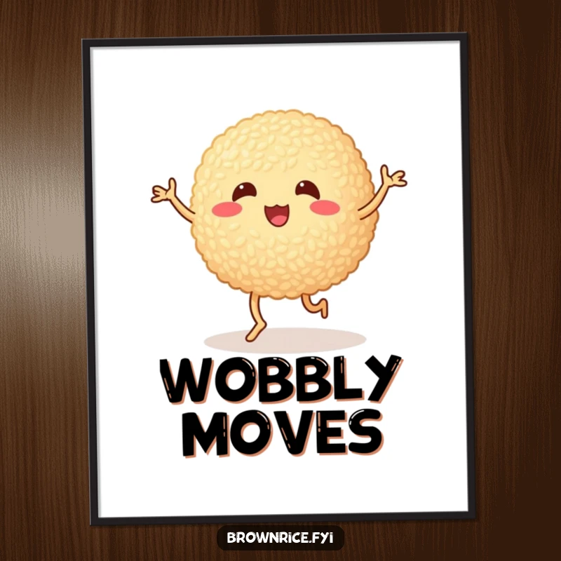 Funny brown rice ball doing a silly dance with wobbly legs, a high-resolution digital art print with a cute cartoon character.