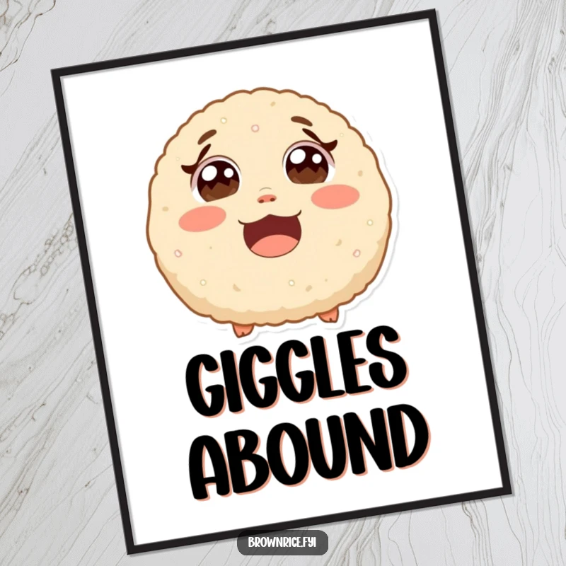 Funny surprised brown rice ball with wide eyes from laughter, a high-resolution digital art print with a cute cartoon character.