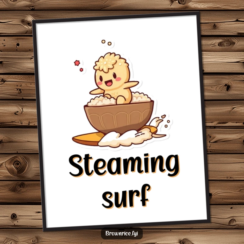 Funny digital art print of a brown rice character surfing a steaming bowl of rice like a surfboard, full of energy and humor.