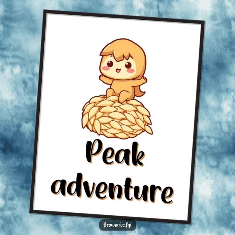 Funny digital art print of a brown rice character happily riding a massive grain of rice, excellent funny gift.