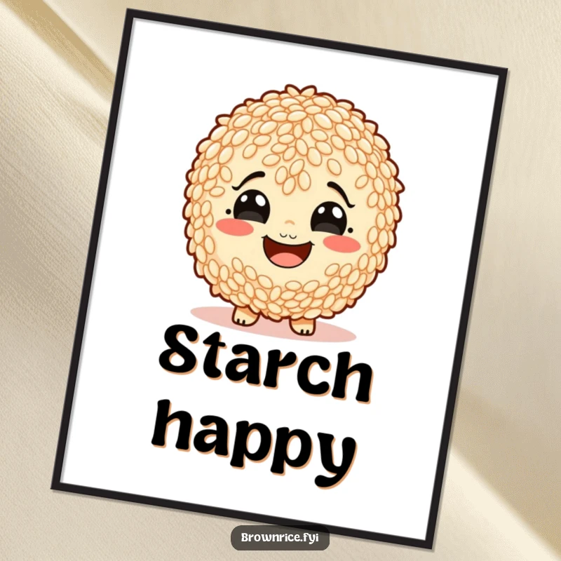 Funny brown rice character with a wide, starchy smile, as a vibrant digital art print.