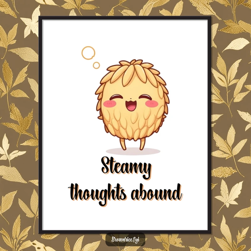 Funny giggling brown rice grain character humorously overwhelmed by a steamy gust, depicted in vibrant digital art.