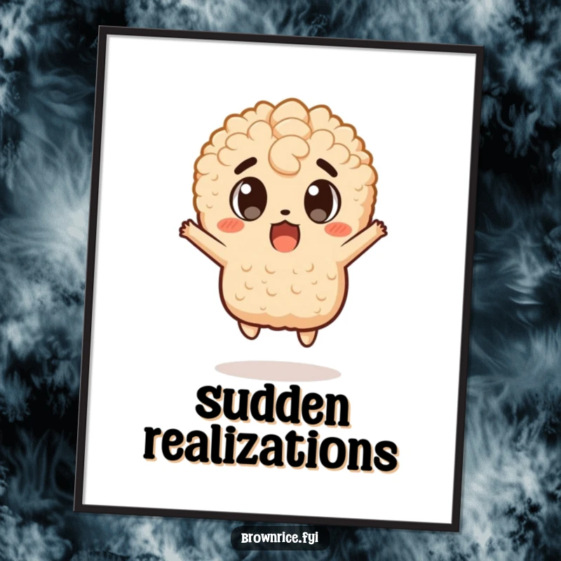 Funny digital art print of a brown rice character in a shocked, wide-eyed jump, perfect wall art for a funny gift.